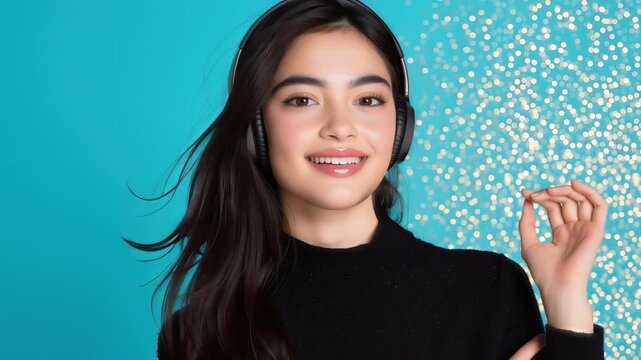young woman with long dark hair enjoying music in wireless headphones on turquoise background smiling and dancing in joyful modern vibe