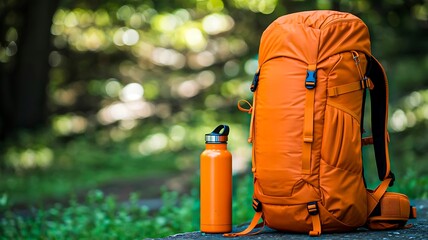 Orange backpack and water bottle for outdoor adventure and hiking

