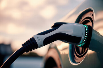Electric vehicle charging plug inserted into car port, illuminated by glowing green indicator lights during a beautiful golden hour sunset.