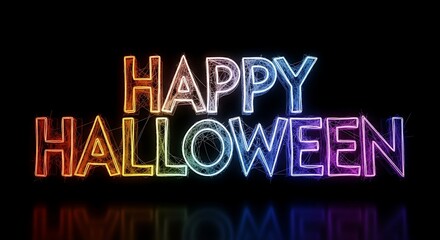 Neon Rainbow Text Happy Halloween on Black Background