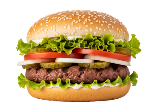Juicy cheeseburger with lettuce, tomato, and pickles isolated on transparent background