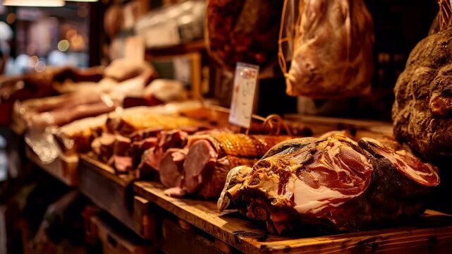 Prague, Czech Republic, Europe. A closeup shot of a bustling market stall with a variety of cured meats displayed on wooden shelves. The scene is illuminated by overhead lights.