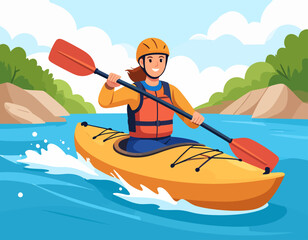 A smiling woman wearing a helmet and life vest paddles a yellow kayak on a blue river with green trees and white clouds in the background.