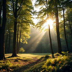 Morning Sunlight in a Peaceful Forest
