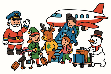 Santa claus and friends travel by airplane for christmas holiday vacation