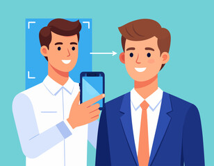 Man using a smartphone to scan another man's face for facial recognition, showcasing technology and security.