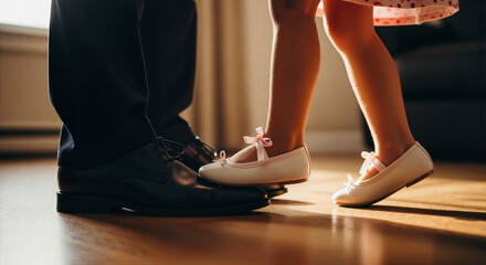 father teaching daughter to dance with joy while standing on a wooden floor
