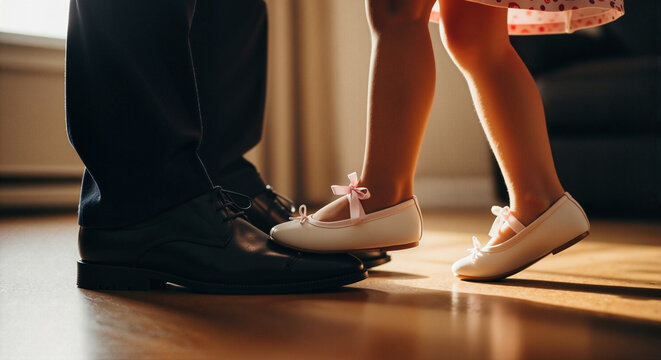 father teaching daughter to dance with joy while standing on a wooden floor