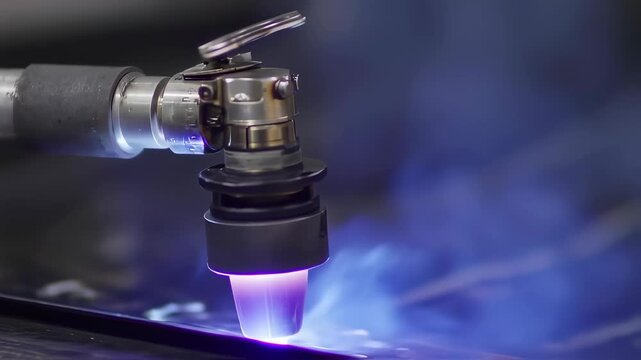 Close up of a plasma cutter torch in action industrial manufacturing process.