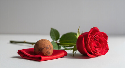 Red rose and chocolate truffle on red napkin with minimalist background
