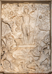 SALZBURG, AUSTIRA - SEPTEMBER 7, 2025: The marble relif of Resurrection in the church Franziskanerkirche by unknown artist (1561).
