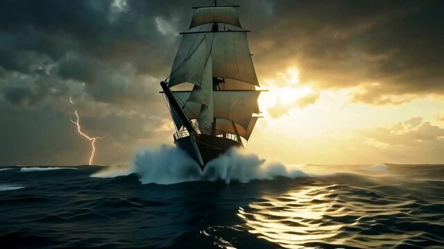 A mighty ship sails steadily through a colossal storm with giant waves.