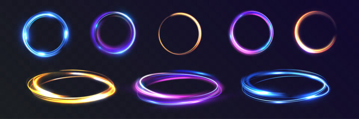Vortex speed glowing light rings set, vibrant neon energy circles, luminous motion halos, colorful magic portal loops, futuristic shining effects on dark transparent background.  © NAUM