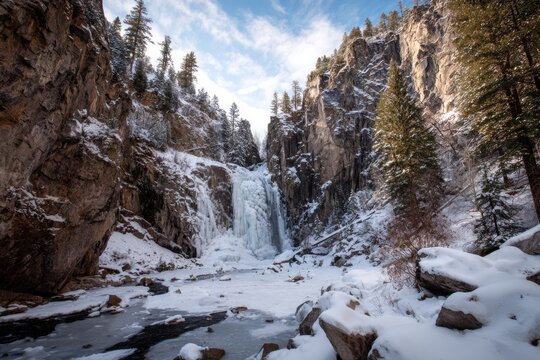 A frozen waterfall flows down rocky cliffs surrounded by snow-covered ground and tall evergreen trees. The winter scene captures the beauty of nature in a quiet, icy landscape.