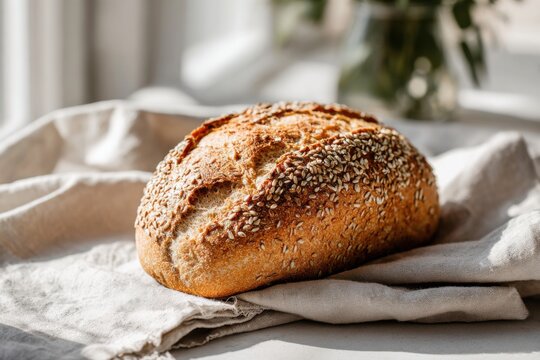 Freshly baked chia bread loaf resting on a soft linen cloth, showcasing its golden crust and sesame seed topping, perfect for minimalist photography and culinary inspiration