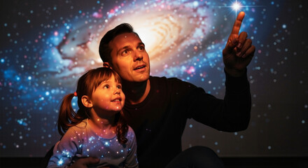 Father and daughter in awe pointing at stars in a mesmerizing galaxy backdrop