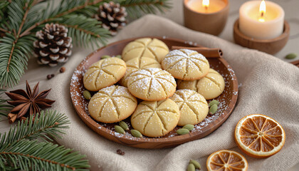 Fototapeta premium New Year sweets on rustic wooden plate surrounded by spices and candles in cozy atmosphere