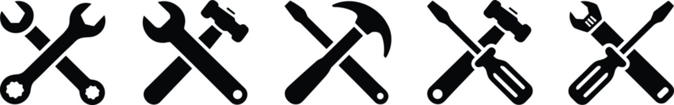 Crossed hand tools vector icon set for repair, service, and construction work