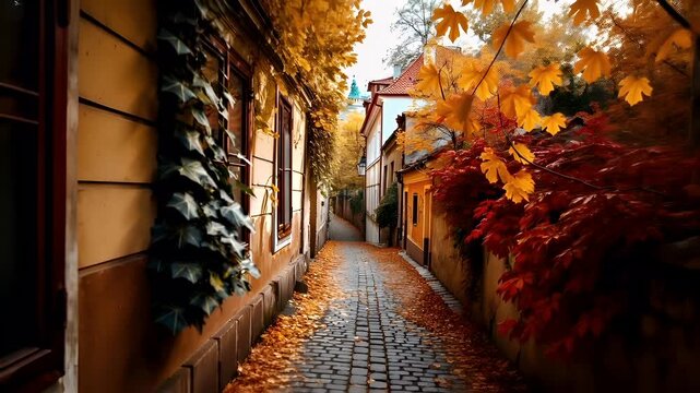 Prague, Czech Republic, Europe. autumnal alleyway with ivycovered buildings and cobblestone path.