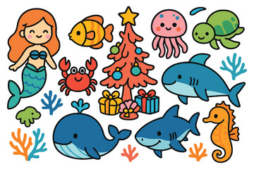 Cute cartoon mermaid christmas tree and ocean animals celebrate holidays underwater