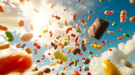 A whimsical candy rain showering the bright blue sky with sweet delight for National Candy Day, National Candy Month
