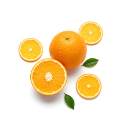 Fototapeta premium Assorted orange slices and whole orange with leaves on white surface still life food photograph studio shot for citrus fruit exactly