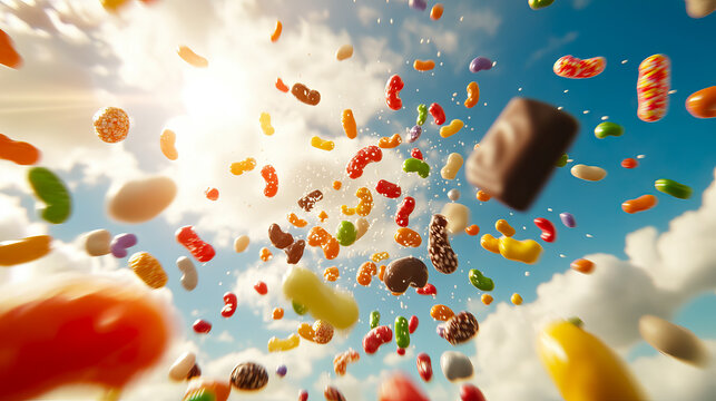 A whimsical candy rain showering the bright blue sky with sweet delight for National Candy Day, National Candy Month - Powered by Adobe