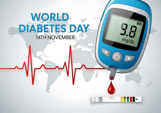 World diabetes day november 14th with glucose meter blood drop and heart rate ekg line on world map background