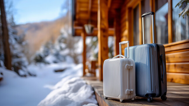 Winter travel holiday cabin with white suitcases faceless cozy chalet scene defocused snowy countryside background mountain vacation accommodation rustic forest getaway - Powered by Adobe