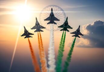 Five fighter jets perform aerobatic maneuvers emitting colored smoke trails against a sunset sky