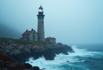 Obraz premium Timeless Historic Lighthouse Majestically Rising Over Rugged Rocky Coastline Bathed in Morning Fog