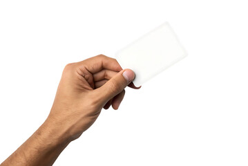 Hand holding a blank white rectangular card with rounded corners, cutout, PNG isolated on transparent background