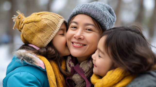 Faceless happy kids having fun with parents in winter park defocused snowy forest background family rejoicing in weather outdoor winter play seasonal family bonding with copy