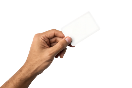 Hand holding a blank white rectangular card with rounded corners, cutout, PNG isolated on transparent background