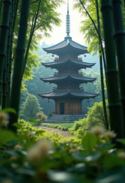 Timeless Japanese Pagoda Nestled Amidst Tall Bamboo Canopy Peaceful Retreat Indie Aesthetic Nature Woods
