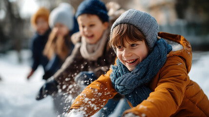 Faceless group of children playing on snow in winter defocused snowy landscape background kids outdoor activities winter fun together childhood seasonal joy energetic play mom