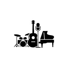  music instrument silhouettes guitar, drum, piano, mic, solid black, vector