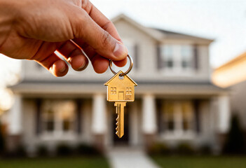A hand holds a golden house key in front of a blurred suburban home, symbolizing new ownership and security.