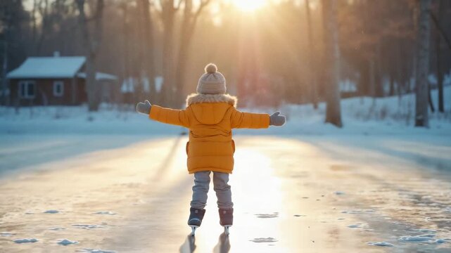 A child ice skating in a snowy winter forest at sunset. Kid in a yellow coat enjoying an outdoor activity. Childhood freedom and winter fun concept