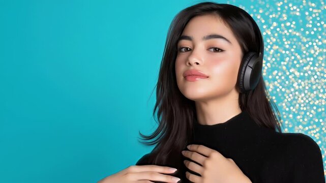 beautiful young woman with long dark hair listening to favorite song in wireless headphones smiling softly against turquoise background