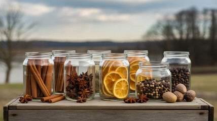 Jars of spices and dried fruit sit on wood, transparent, png, isolated, natural ingredients.
