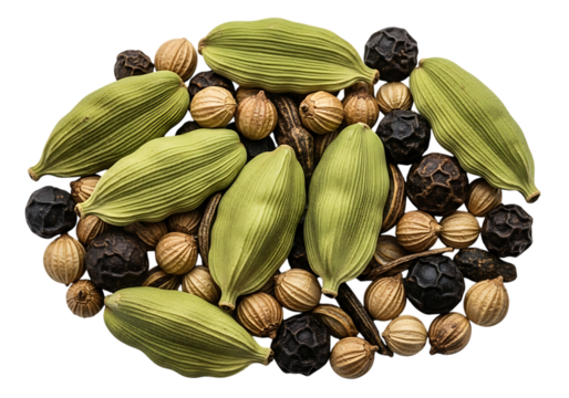 Assortment of whole spice seeds and pods, isolated on transparent background