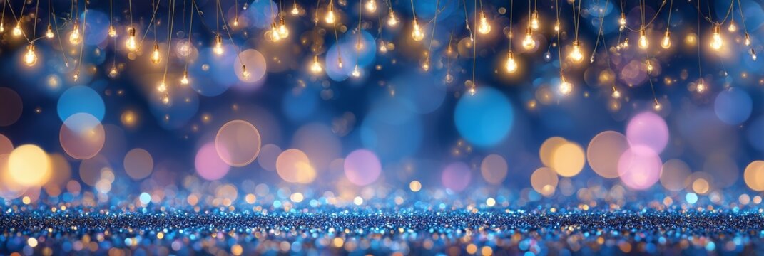 An abstract Christmas party background featuring golden glitter particles shimmering in a soft defocused bokeh effect, with warm glowing light bulbs creating a festive and elegant atmosphere. - Powered by Adobe