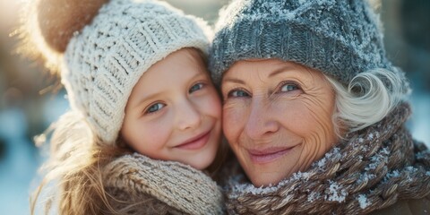 Elderly woman and young girl in snowy knit hats share gentle cheek-to-cheek smile under falling flakes in soft blue light. Tender grandmother-granddaughter winter bond, heartfelt snowy joy vibe.
