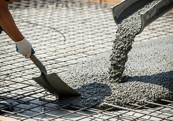 Construction worker using a shovel to spread wet concrete being poured from a truck onto a steel rebar grid