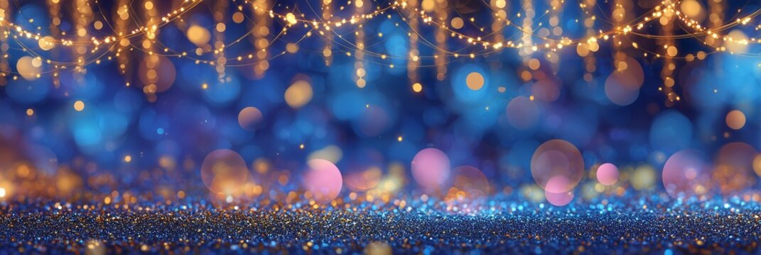 An abstract Christmas party background featuring golden glitter particles shimmering in a soft defocused bokeh effect, with warm glowing light bulbs creating a festive and elegant atmosphere. 