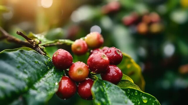 Early morning coffee harvest concept with dew-kissed leaves and red cherries being carefully handpicked from branches, illustrating sustainable farming, organic cultivation, and artisanal coffee produ