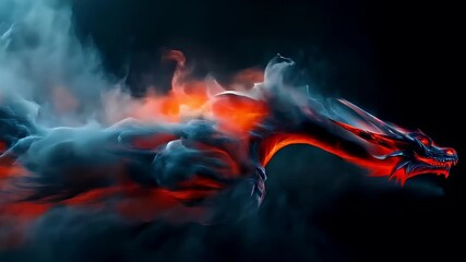Chinese lunar new year Chunjie celebration concept. A vivid digital artwork of a fiery, dragonlike creature enveloped in smoke and flames. The creature is depicted in a dynamic pose.