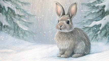 Kleines Häschen im Winterwald – liebevolle Tierillustration mit Schnee und Tannen