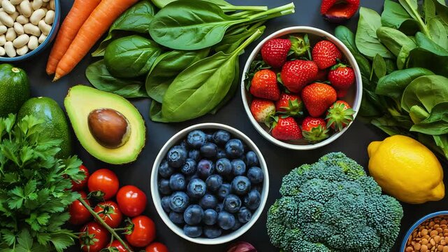 Cinematic Video of Flat-Lay Organic Superfoods on Dark Textured Surface with Soft Natural Lighting